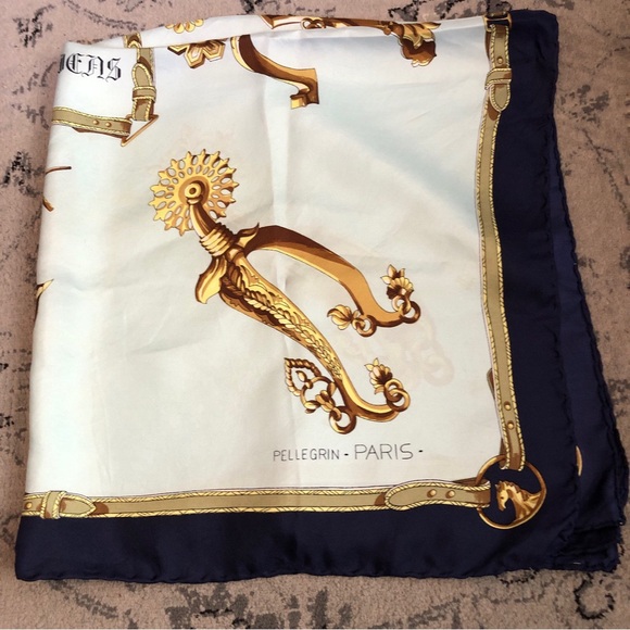 Hand Finished Gold Navy & Pale blue Vintage Pellegrin Paris Scarf from France 🇫🇷 - Picture 7 of 7